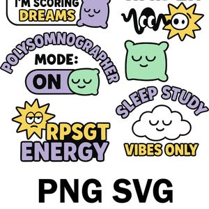 Peut inclure: Plusieurs graphiques sur le thème du sommeil avec du texte. Les motifs comprennent un oreiller aux yeux fermés, un soleil et des phrases telles que "Do Not Disturb", "REM Raider" et "Sleep Study". L'image comprend également le texte "PNG SVG DOWNLOAD".