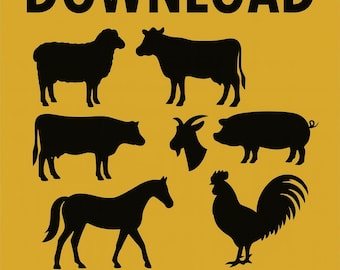 Farm Animal SVG Bundle: Silhouette Shapes, Cut Files (PNG + SVG)