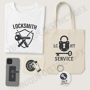 May include: A selection of locksmith-themed items. Includes a white t-shirt with a "LOCKSMITH" graphic, a beige tote bag with a lock and key design, a phone case, a keychain, and a card.
