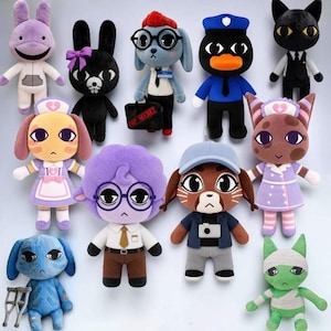 May include: A collection of ten plush dolls featuring various characters, including a purple rabbit, a black rabbit with a bow, a dog with glasses and a Top Secret briefcase, a duck police officer, a cat in a suit, and several others in uniforms.
