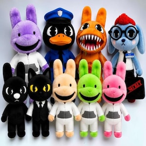 May include: A collection of nine plush toys featuring various characters, including a purple rabbit, a black duck in a police uniform, an orange monster with sharp teeth, a blue dog with glasses, a black cat in a suit, and several colorful rabbits.