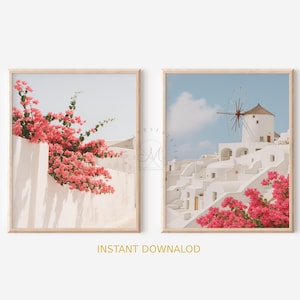 Santorini Wall Art Set of 2 Prints – Mediterranean Coastal Decor, Bougainvillea Flowers & Windmill | Neutral Digital Download Art