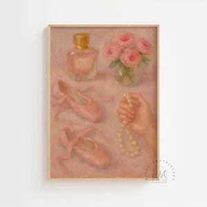 Messy Coquette Ballet Wall Art – Pink Ballet Shoes, Pearls & Perfume Digital Download | Feminine Vintage Aesthetic Printable Decor