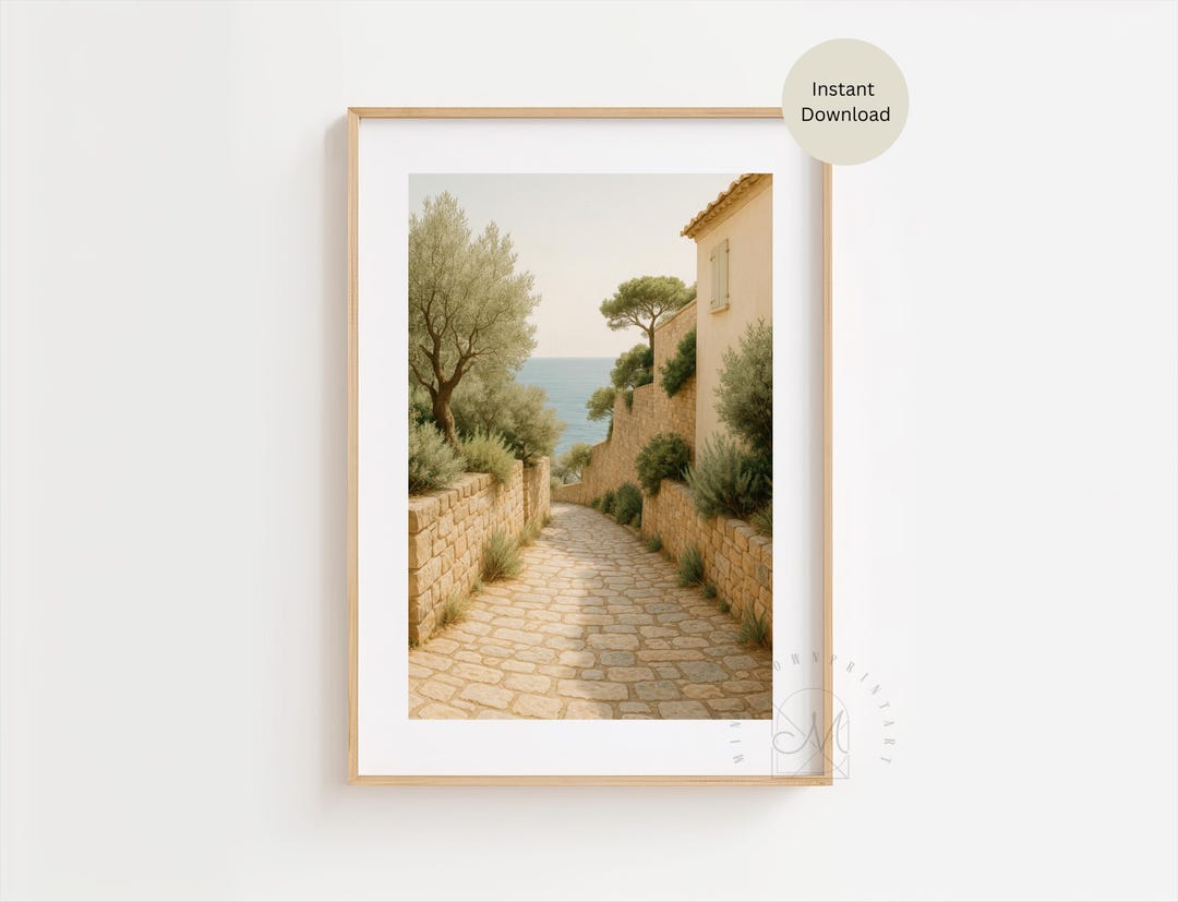 Mediterranean Stone Path Wall Art, Coastal Village Digital Print ...