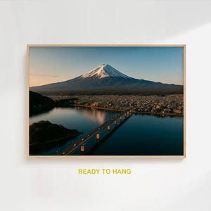 Japan Print | Mt Fuji Sunrise Original Art Print, Kawaguchiko lake bridge print vertical, Japan nature