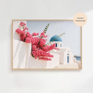 Impresión de Santorini, Grecia: Buganvillas y cúpula azul (Descarga digital)