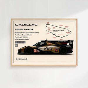 Cadillac V-Series.R Le Mans Poster / Stampa auto da corsa AR / Mappa del Circuit de la Sarthe / Sebastien Bourdais / Arte della parete fisica