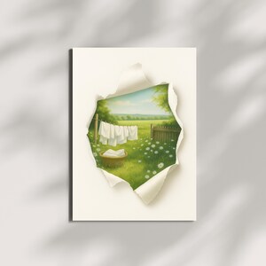 Arte di campagna su carta strappata / Tela con campo di bucato stravagante / Arte murale di fattoria vintage / Stampa di paesaggio naturale tranquillo
