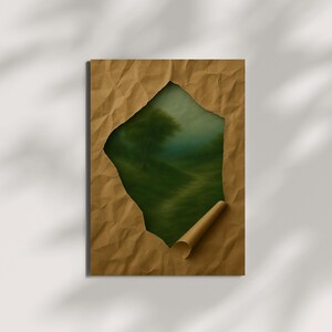 Arte murale con paesaggio su carta strappata / Stampa su tela surreale con foresta nascosta / Poster con illusione verde malinconico / La natura dietro la carta