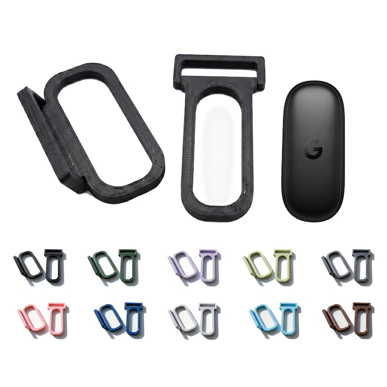 May include: A set of black 3D-printed plastic clips and a black oval remote control. The clips feature a rectangular loop design with a side-mounted attachment point. Below, ten pairs of these clips are displayed in various colors including black, green, lavender, light green, dark gray, pink, blue, white, light blue, and brown.