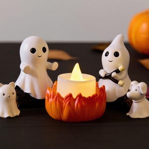 Ghost Campfire Gathering | Spooky Halloween Decor | Cute Ghost Figurine Set | Campfire Display | Haunted Ghost Scene | Ghost adventures