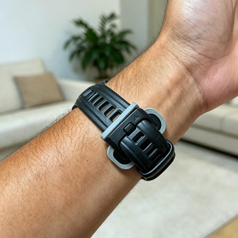 May include: A black silicone watch strap featuring a textured surface with rectangular cutouts and a dual-tone buckle mechanism. The buckle consists of a black central piece framed by a light gray border, providing a secure fit around the wrist.