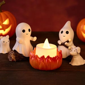 Ghost Campfire Gathering | Spooky Halloween Decor | Cute Ghost Figurine Set | Campfire Display | Haunted Ghost Scene | Ghost adventures