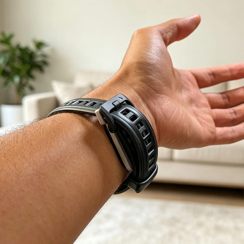 May include: A black watch strap featuring a textured, vented design with a secure buckle mechanism. The strap is constructed from a flexible material and includes a silver-toned metal connector piece that attaches the band to the watch casing.