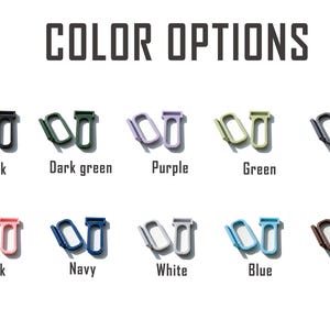 May include: A color chart titled COLOR OPTIONS displaying ten pairs of U-shaped plastic clips in black, dark green, purple, green, gray, pink, navy, white, blue, and brown. Each pair consists of one angled and one straight clip component.