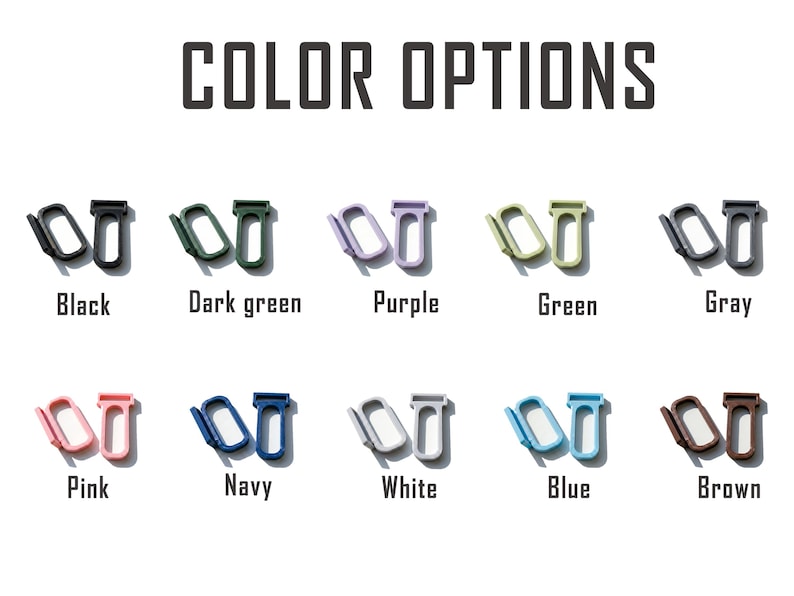 May include: A color chart titled COLOR OPTIONS displaying ten pairs of U-shaped plastic clips in black, dark green, purple, green, gray, pink, navy, white, blue, and brown. Each pair consists of one angled and one straight clip component.