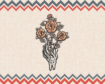 Diseño de bordado de mano de esqueleto, arte mural floral espeluznante (digital)