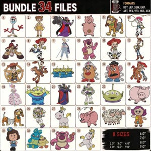 Può includere: Un pacchetto di ricami digitali con 34 quadrati numerati, ognuno dei quali mostra un diverso personaggio dei cartoni animati della serie Toy Story. Il testo in alto recita BUNDLE 34 FILES e l'angolo in basso a destra elenca 8 dimensioni da 2,0 a 9,0 pollici.