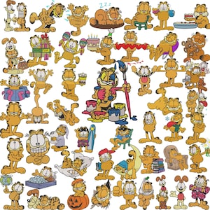 Puede incluir: Una colección de imágenes de dibujos animados de Garfield, el gato naranja, en varias poses y escenarios. Algunas imágenes muestran a Garfield con amigos, sosteniendo objetos o participando en actividades como pintar, dormir y celebrar.