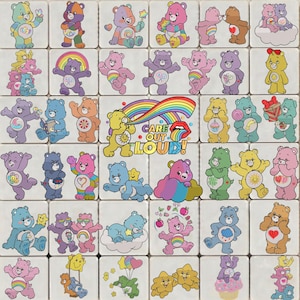 Pode incluir: Uma coleção de azulejos quadrados com vários personagens Care Bears em poses coloridas, incluindo arco-íris, estrelas e corações. O azulejo central mostra um urso amarelo com um arco-íris e o texto CARE OUT LOUD com um gráfico de boca.