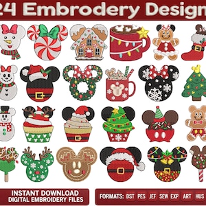 May include: A collection of 24 Christmas-themed embroidery designs featuring various icons including snowmen, gingerbread figures, holiday mugs, decorated trees, and festive wreaths, all arranged in a grid with the text 24 Embroidery Designs.