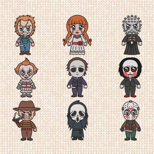 May include: Nine cartoon illustrations of horror movie characters, including Chucky, Annabelle, Pinhead, Pennywise, Michael Myers, Jigsaw, Freddy Krueger, Ghostface, and Jason Voorhees. Each character is depicted in a chibi style with distinct features and colors.