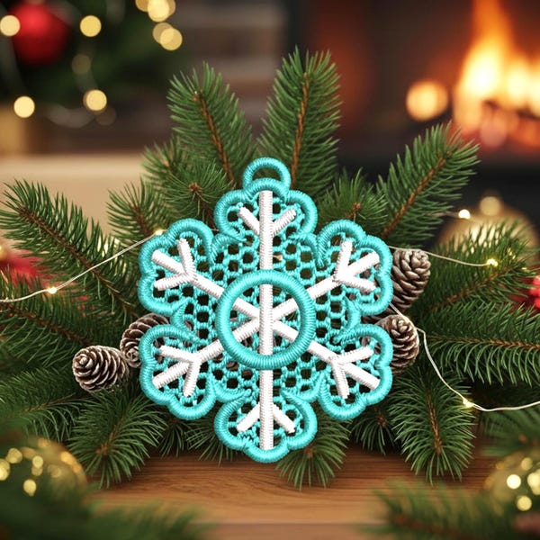 Motifs de broderie de flocons de neige de Noël FSL : ornements en dentelle et boucles d'oreilles (téléchargement numérique)