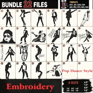 Può includere: Un pacchetto digitale di 22 file di ricamo a silhouette nera che ritraggono Michael Jackson in varie pose di danza. L'immagine include etichette per i formati, dimensioni da 2,0 a 9,0 pollici e la scritta Pop Dance Style.