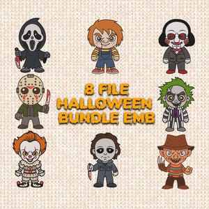 May include: A digital art bundle featuring eight cartoon illustrations of horror movie characters, including Ghostface, Chucky, and Freddy Krueger. The text "8 FILE HALLOWEEN BUNDLE EMB" is displayed in the center of the image.