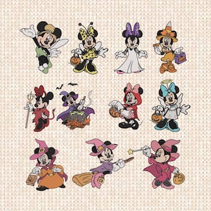 May include: A collection of cartoon illustrations of Minnie Mouse in various Halloween costumes. The images feature Minnie dressed as a fairy, witch, angel, and other characters, holding pumpkins and wearing themed outfits. The color palette includes black, red, orange, and purple.
