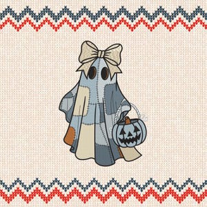 May include: A whimsical illustration of a ghost character in a patchwork design, wearing a bow and holding a jack-o'-lantern bucket. The ghost is in shades of blue, beige, and brown, with a stitched appearance, perfect for Halloween.