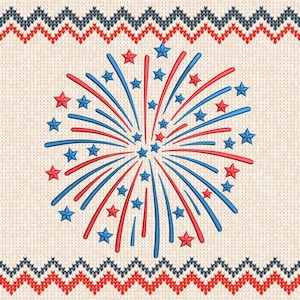 May include: A festive design featuring a central firework burst in red and blue, surrounded by stars. The design is set against a textured, off-white background with decorative borders in red, white, and blue, reminiscent of a knitted pattern.
