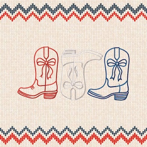 May include: Three cowboy boot outlines in red, white, and blue, each with a bow detail. The boots are set against a cream-coloured background with a decorative border of red, white, and blue zigzags.