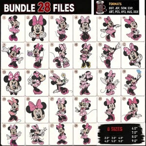 Disegno per ricamo di Minnie Mouse, pacchetto di 28 file digitali scaricabili, 8 dimensioni