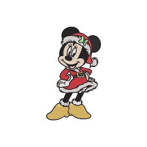 Könnte beinhalten: Cartoonbild einer Maus in einem roten Weihnachtsmann-Outfit mit weißer Verzierung und passendem Hut. Die Maus hat schwarze Ohren, eine schwarze Nase und gelbe Schuhe. Eine grüne Schleife befindet sich auf dem Hut. Das Bild befindet sich auf weißem Hintergrund.