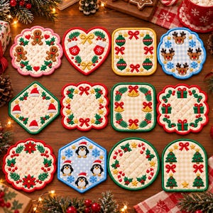 May include: A set of twelve quilted fabric coasters featuring various Christmas designs including gingerbread men, reindeer, penguins, Santa hats, ornaments, bells, gifts, poinsettias, candy canes, and pine trees with colorful embroidery.