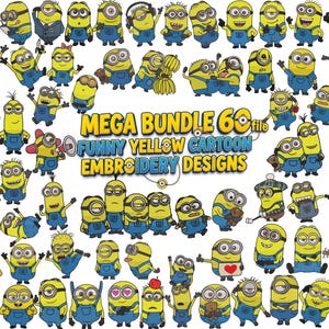 Op de afbeelding: Een verzameling gele stripfiguren in blauwe overalls, met verschillende uitdrukkingen en poses. De afbeelding bevat de tekst "MEGA BUNDLE 60 file FUNNY YELLOW CARTOON EMBROIDERY DESIGNS".