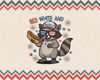 Waschbär 4 Juli Stickdatei, Design: Rot, Weiss & Wild (Instant Download, 6 Größen