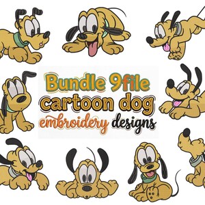 Puede incluir: Un conjunto de nueve diseños de bordado de perros de dibujos animados. Los perros son amarillos con orejas negras y un collar verde. El texto "Bundle 9 file cartoon dog embroidery designs" está en el centro de la imagen.