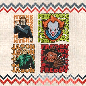 Peut inclure: Un pull crème avec un motif répétitif de zigzags rouges, blancs et bleus. Le pull présente quatre motifs graphiques de personnages de films d'horreur : Michael Myers, Pennywise, Jason Voorhees et Freddy Krueger.