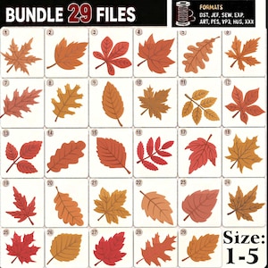 May include: A digital bundle of 29 embroidery files featuring various autumn leaf illustrations in shades of red, orange, and brown. Each leaf is numbered within a square grid. The text reads BUNDLE 29 FILES, FORMATS DST, JEF, SEW, EXP, ART, PES, VP3, HUS, XXX, and Size: 1-5.