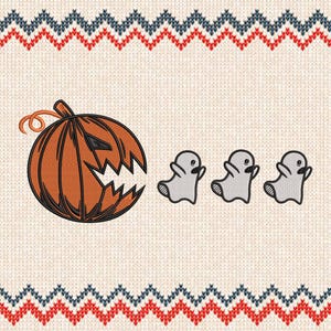 May include: An embroidered Halloween design featuring a jack-o'-lantern with a jagged mouth and three small, gray ghosts. The design is set against a cream-colored background with a repeating pattern of red, white, and blue zigzags.