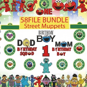 Puede incluir: Un gráfico digital colorido con personajes de Barrio Sésamo y texto con temática de cumpleaños. La imagen incluye el texto "58 FILE BUNDLE Street Muppets" y "BIRTHDAY BOY". También hay varias imágenes de personajes y diseños circulares.