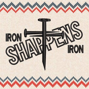 Peut inclure: Broderie noire et blanche représentant quatre clous formant une croix avec le texte "IRON SHARPENS IRON" autour des clous.