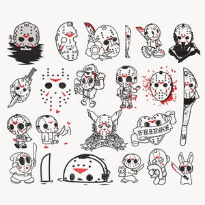 May include: A series of black and white illustrations showcasing the hockey mask from the Friday the 13th horror film series. The images include different versions of the mask, some with blood and knives.