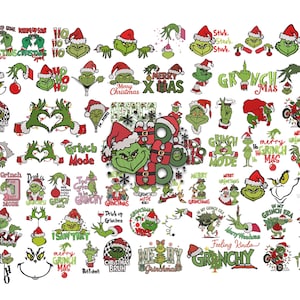 Può includere: Una collezione di disegni del personaggio del Grinch a tema natalizio. I disegni presentano il Grinch in varie pose, con un cappello da Babbo Natale e con testi come "Merry Christmas" e "Grinch Mode". La tavolozza dei colori comprende verde, rosso e bianco.