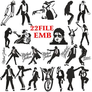 May include: A collection of black and white illustrations of Michael Jackson in various poses, including dancing and wearing a fedora. The text "22FILE EMB" is in red. The Michael Jackson signature is also present.