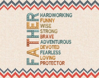 Father's Day Embroidery Design: Hardworking, Wise, Funny (6 Sizes) (Digital Download)