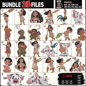 May include: A digital embroidery design bundle featuring 26 character illustrations from the movie Moana, including Moana, Maui, Pua, and Heihei. The image displays numbered grid squares with various poses, file formats listed as DST, JEF, SEW, EXP, ART, PES, VP3, HUS, XXX, and 8 sizes ranging from 2.0 to 9.0 inches.