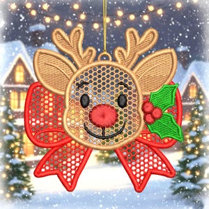 May include: Embroidered Christmas ornament featuring a reindeer design. The reindeer has a gold-colored head and antlers, a red nose, and a smiling face. A red bow and green holly with red berries complete the festive look. The ornament is suspended by a gold string.